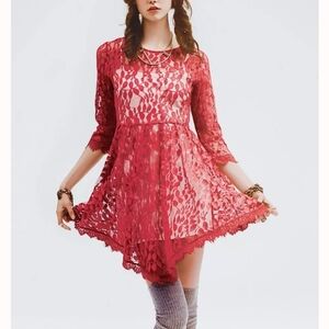Free People red floral lace asymmetrical hem dress with a cream underlining